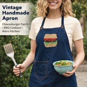 Vintage Handmade Denim Apron Cheeseburger Patch Retro Kitchen BBQ